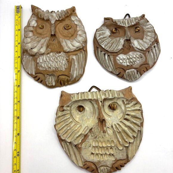 3 Handmade Art Pottery Owl Wall Hangings Rustic Textures Natural Tones Signed - Picture 9 of 10